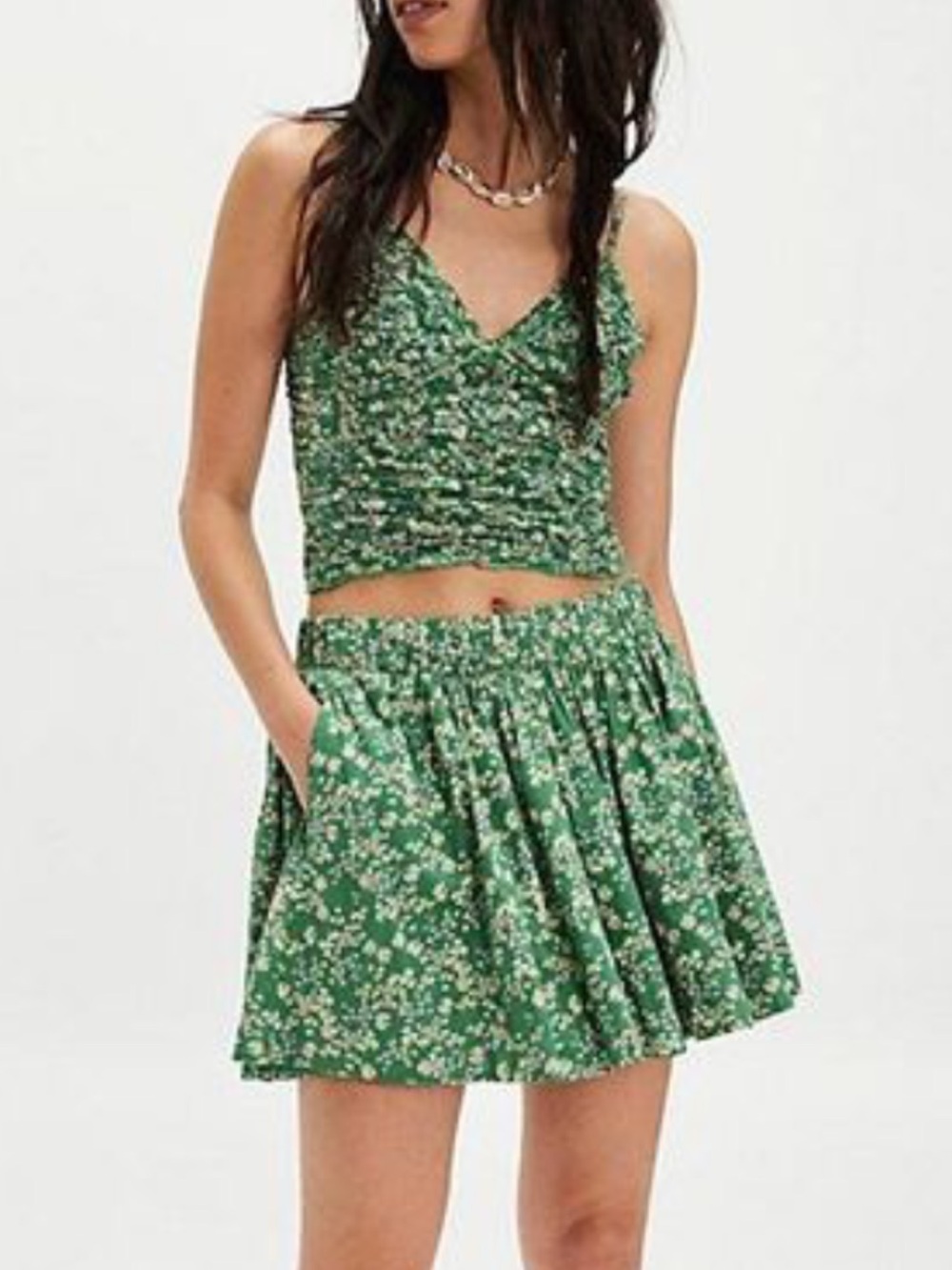 Free People Green Floral Smocked Mini Skirt